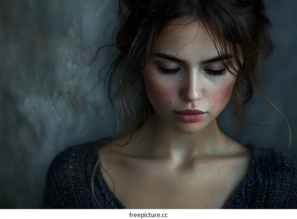 Portrait of Young Woman with Freckles Looking Down