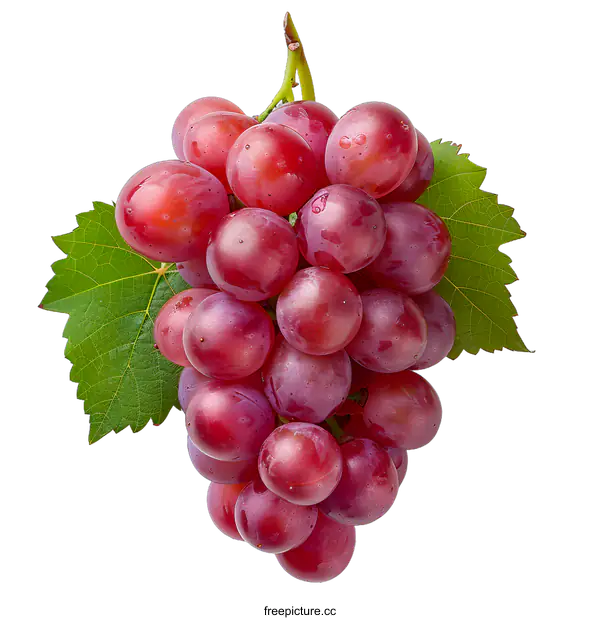 [Transparent Background PNG]A bunch of red grapes with green leaves on a white background