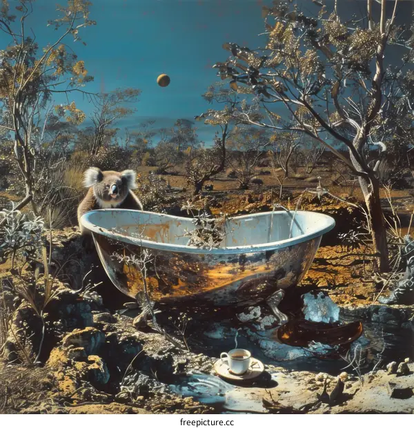 Koala in a Bathtub in the Desert: A Surreal Painting of Climate Change