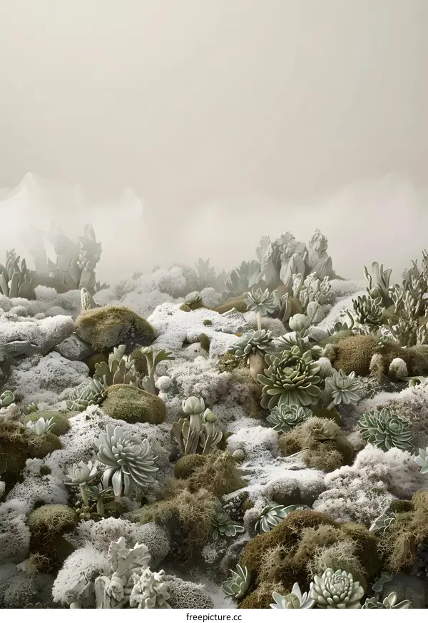 Closeup of Succulents and Moss Growing in a Misty Environment