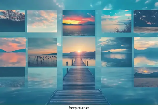 Sunset Lake Collage With Wooden Dock