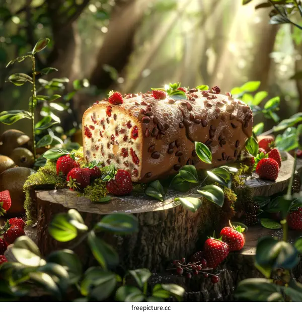 Homemade Nutty Cake with Fresh Strawberries in the Woods