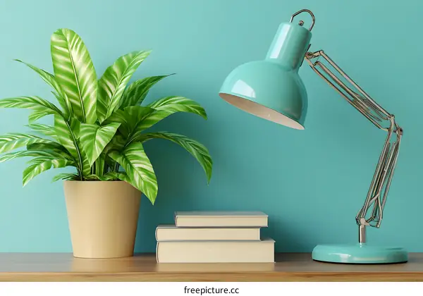 Green Plant, Blue Desk Lamp and Books On a Wooden Table Against a Turquoise Wall