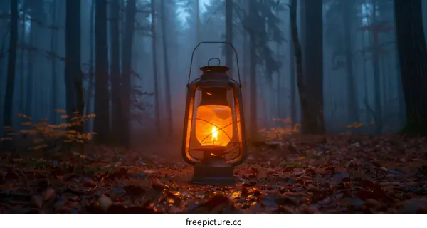 Eerie Lantern in Foggy Forest