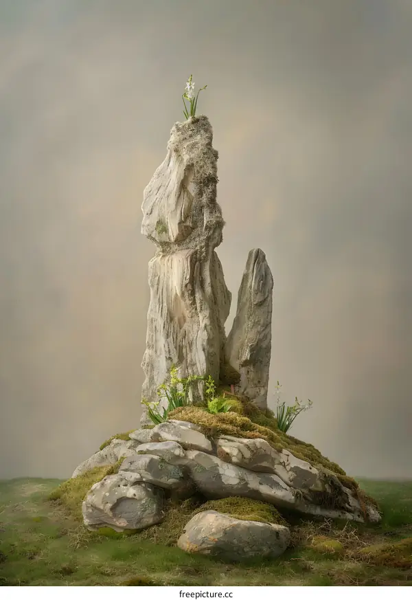 Nature Inspired Stone Sculpture with Green Grass and Small White Flowers