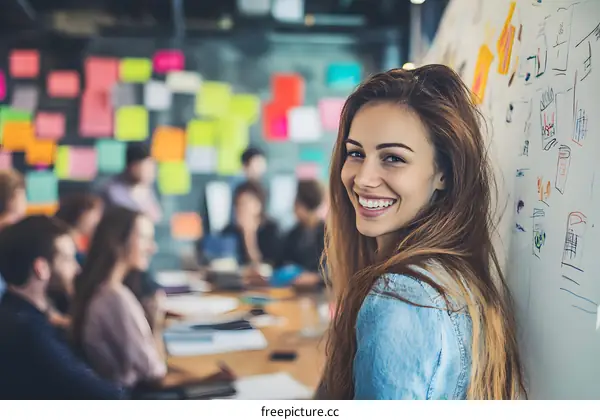 Smiling Woman in a Meeting with Colorful Sticky Notes