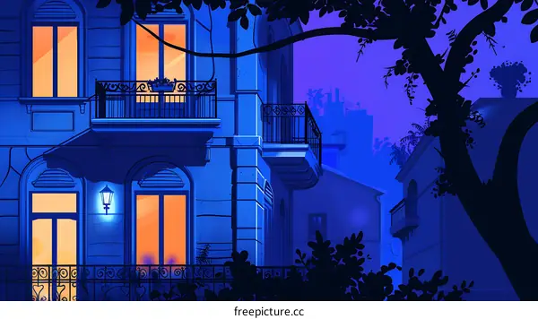 Blue Night Building with Balcony and Tree