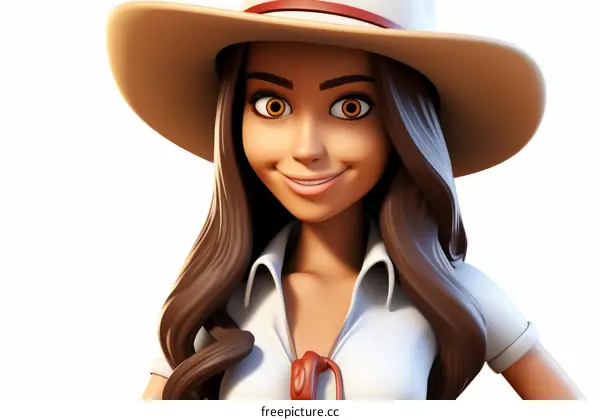 Smiling cartoon woman wearing a brown hat
