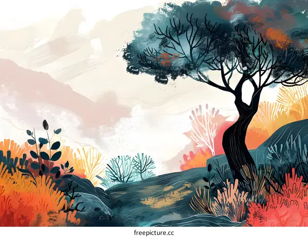 Abstract Watercolor Landscape with Trees and Mountains