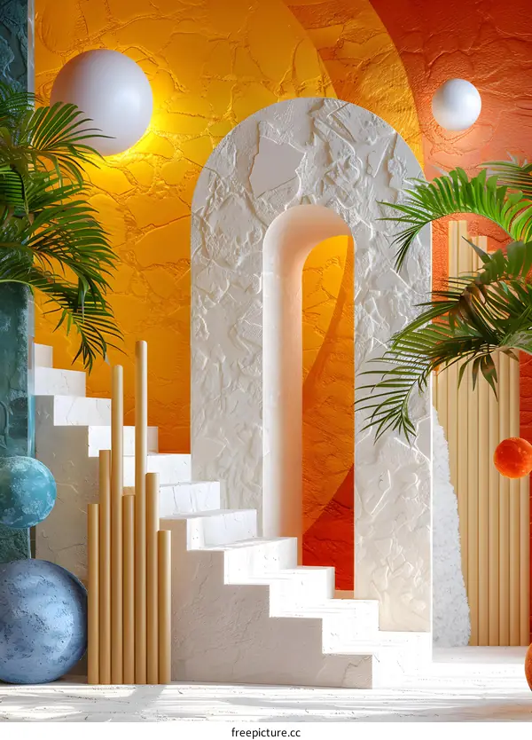 3D rendering of a surreal staircase with archway and tropical plants