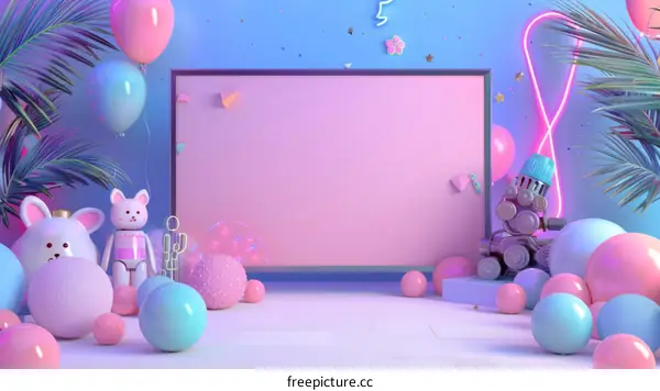 3d rendering of a pink and blue themed child's room with toys and balloons