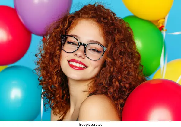 A Smiling Woman with Red Curly Hair and Glasses Surrounded by Colorful Balloons