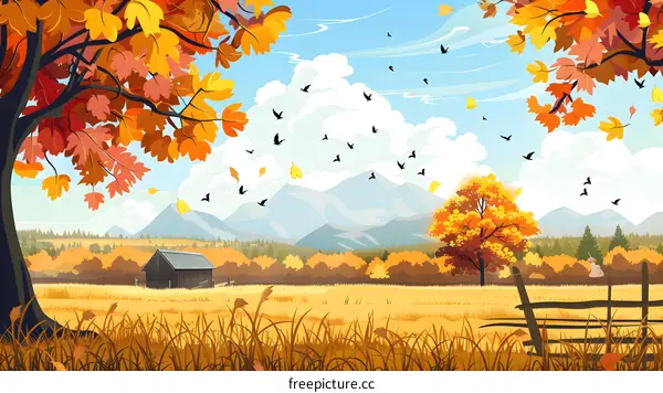 Autumn Landscape with Barn and Birds Flying