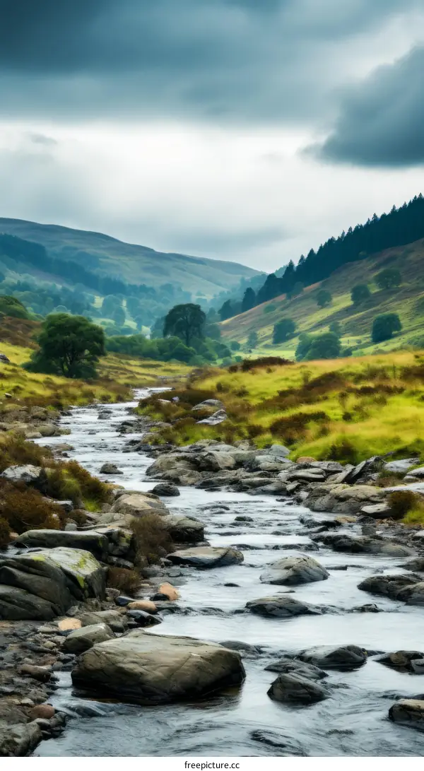 Serene River Flowing Through a Misty Mountain Valley