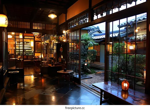 Traditional Japanese House With Glass Doors Opening To A Garden