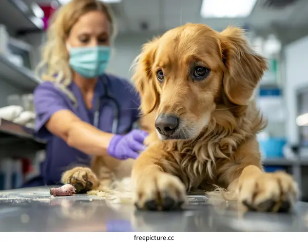 Close-up of a veterinarian examining a golden retriever dog