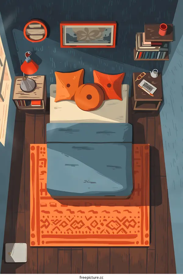 Bedroom Illustration with Bed, Nightstand, and Rug