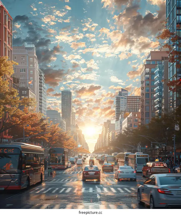 City Street at Sunset with Cars and Buildings