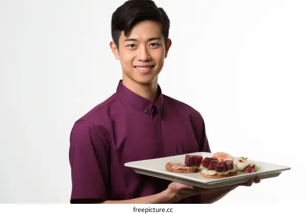 Portrait of a young male chef holding a plate of food