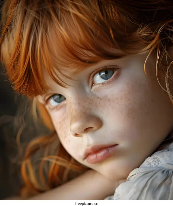 Portrait of a redheaded girl with freckles and blue eyes