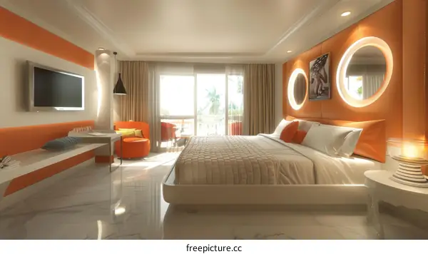 Modern Orange and White Hotel Bedroom Interior Design