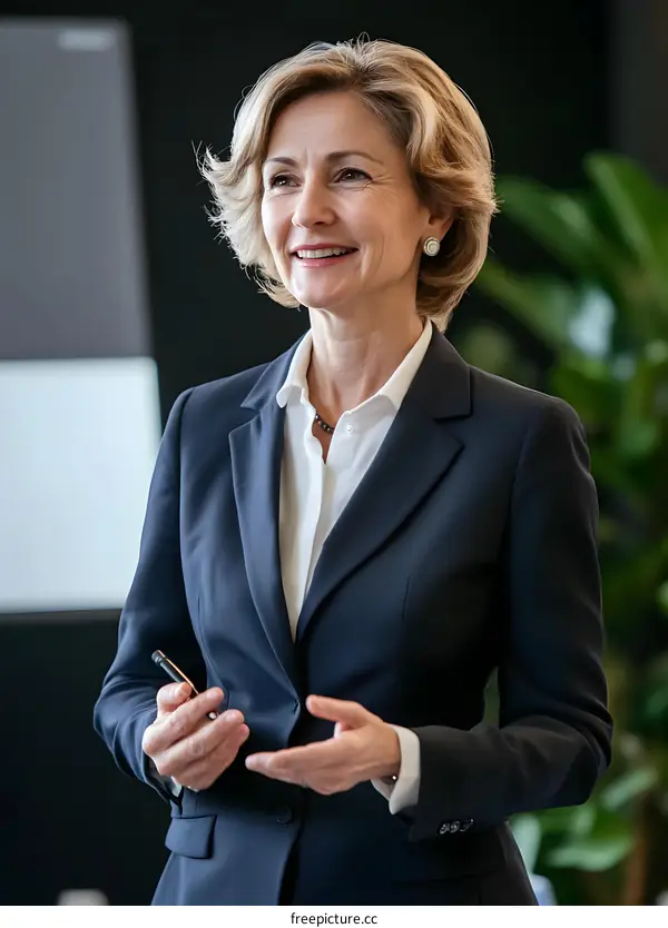 Businesswoman in a Blue Suit Speaking to a Group