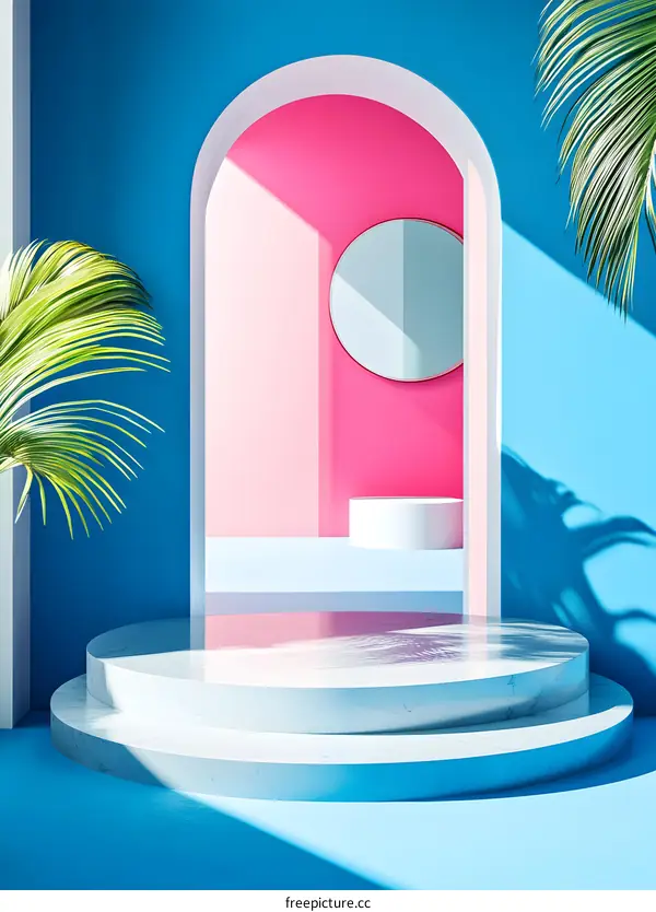 Abstract Minimalist Archway with Marble Pedestal and Palm Leaves