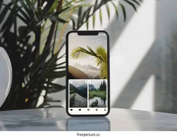 Smartphone Displaying Landscape Photos On Social Media