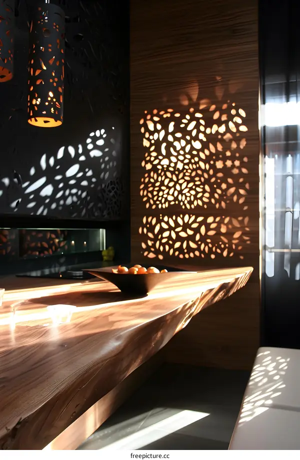 Modern Kitchen Interior Design With Wooden Countertop and Decorative Wall Panel