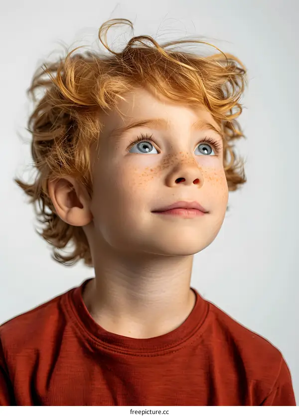 Portrait of a Young Boy with Red Hair and Blue Eyes Looking Up