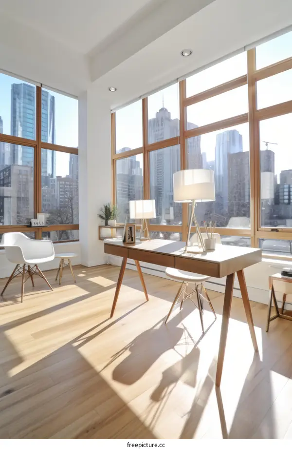 An inspiring home office with a view of the city