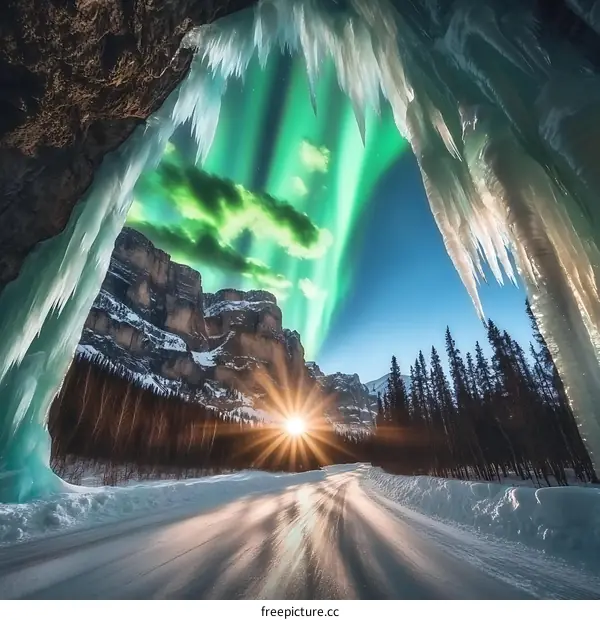 Aurora Borealis Shining Through Ice Cave