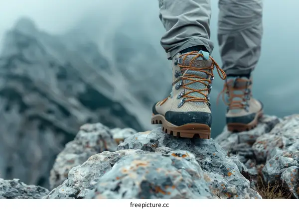A person wearing hiking boots is standing on a rock in the mountains.