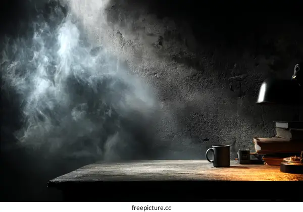 Dark moody vintage studio still life with smoke and light