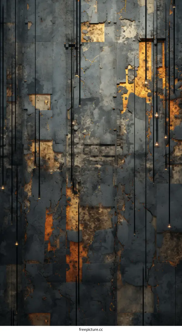 Abstract 3D Concrete Wall with Glowing Cracks and Hanging Lightbulbs