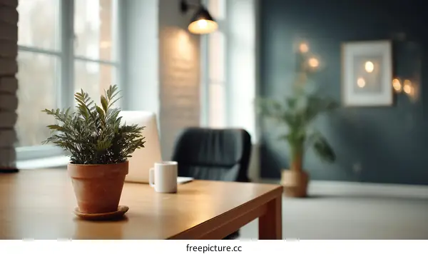 Modern Home Office Workspace with Small Plant