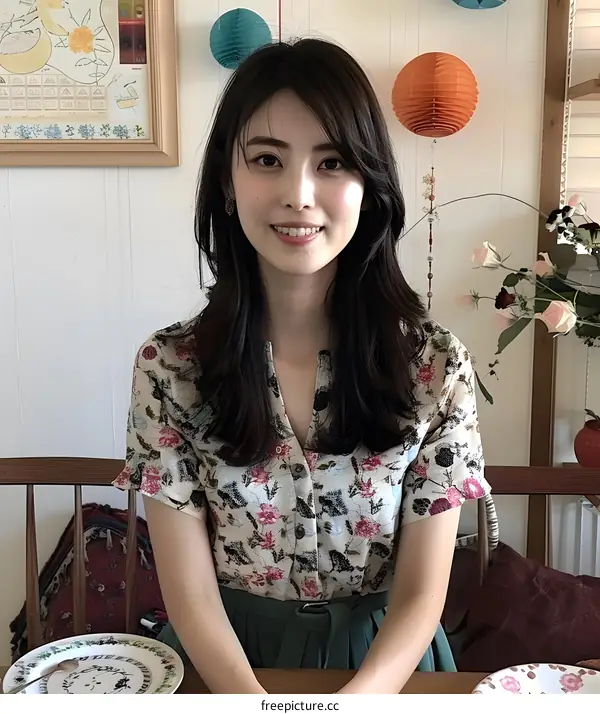 Portrait of a young woman with long dark hair and a floral shirt