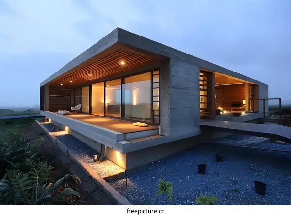 Modern Concrete House with Wooden Deck and Patio
