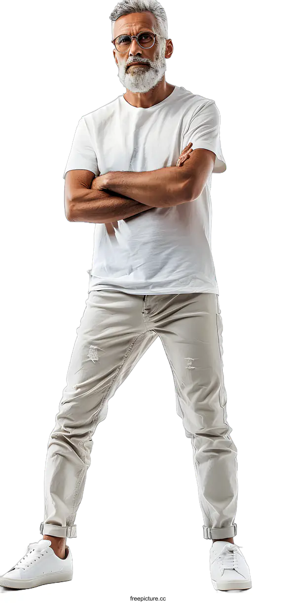 [Transparent Background PNG]a man with beard and glasses wearing white t-shirt and beige pants standing with crossed arms