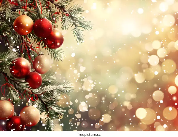 Christmas ornaments hanging on a snowy fir tree branch with a blurred background