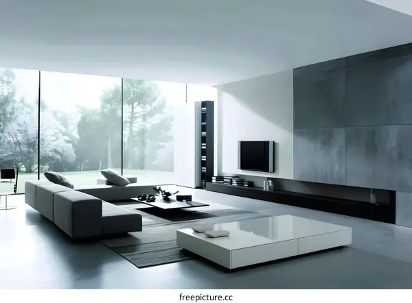 Modern Living Room Interior Design with Gray Sofa and White Coffee Table