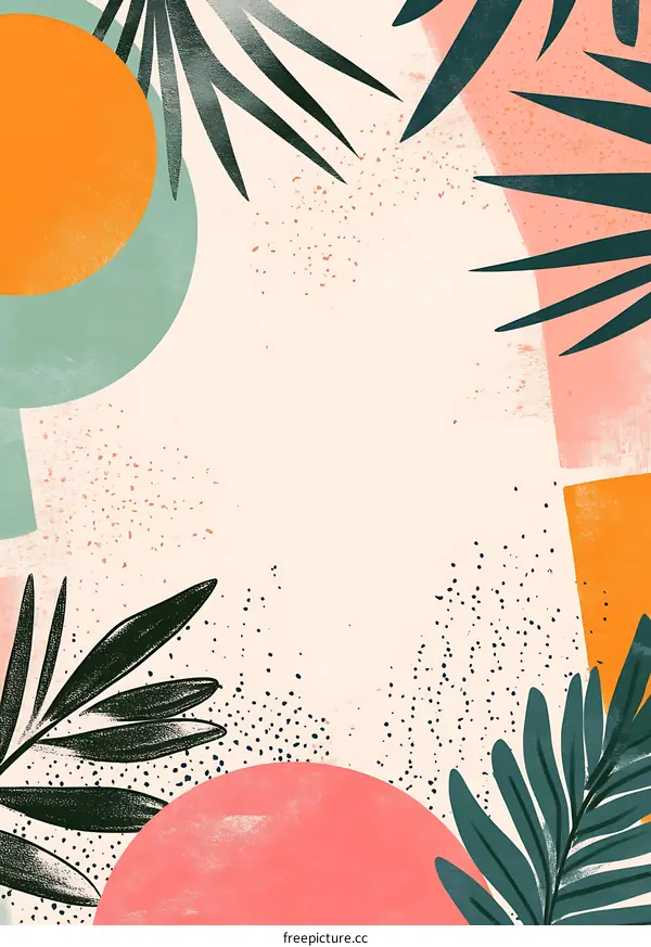 Tropical Leaves and Geometric Shapes Abstract Art Illustration