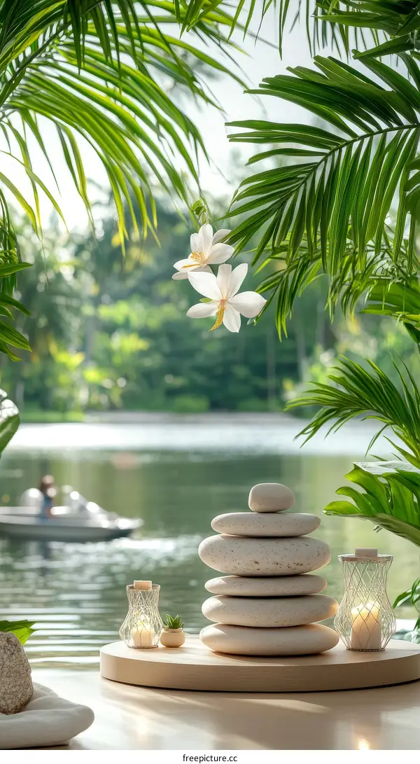 Peaceful Tropical Oasis by the Water with Stones and Flowers