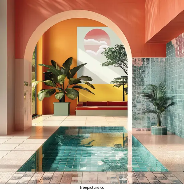 A surreal arched hallway with a pool in the center