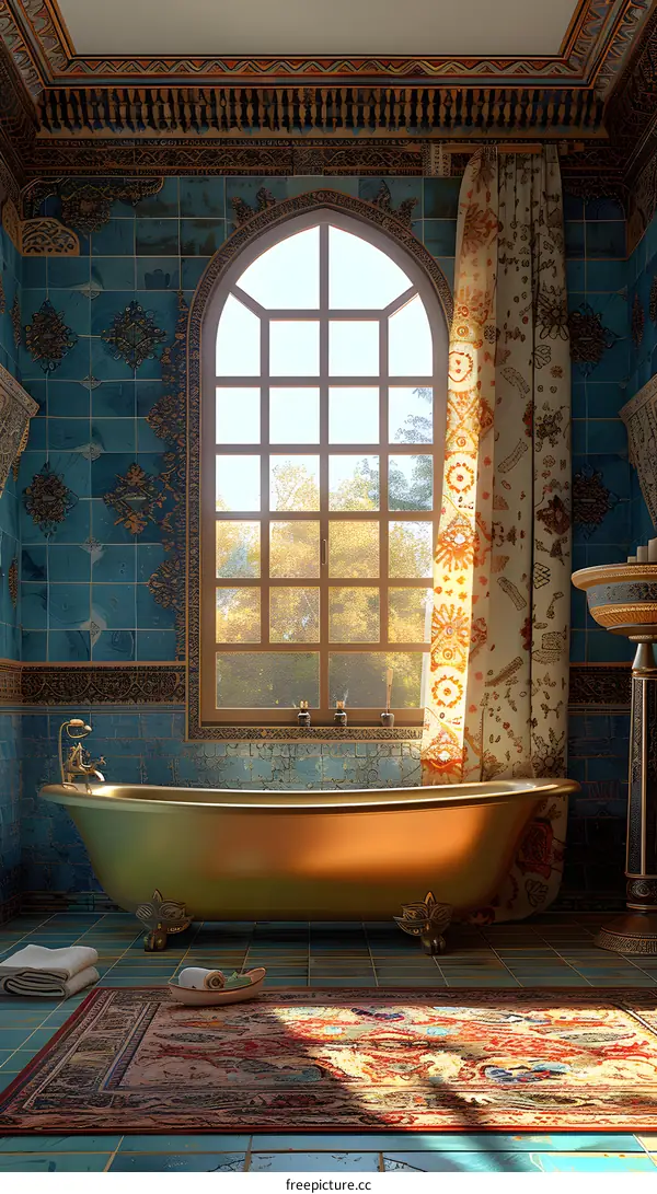 Luxury Bathroom Interior Design with Ornate Tiles and Gold Bathtub