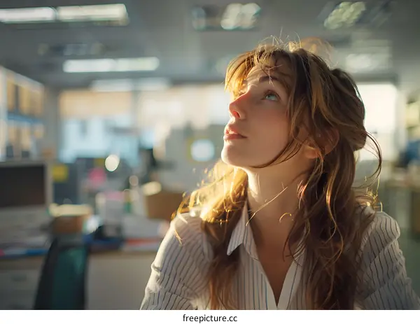 portrait of a young woman looking up in an office