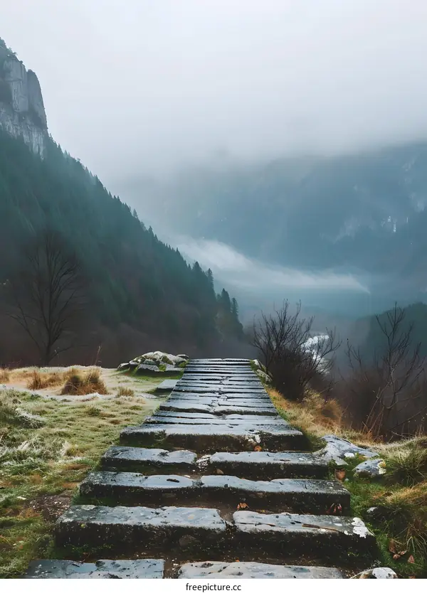 Stone Steps Leading Up to a Foggy Mountain Landscape