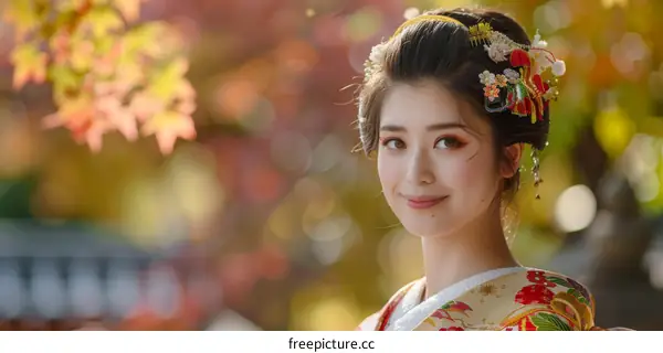 Portrait of a beautiful Japanese woman in traditional kimono