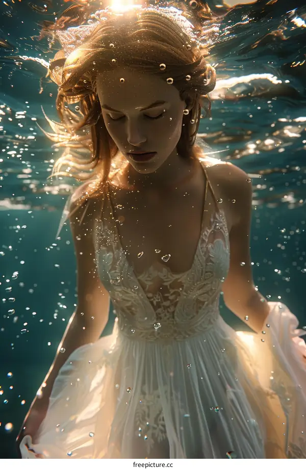 Woman in White Dress Submerged Underwater