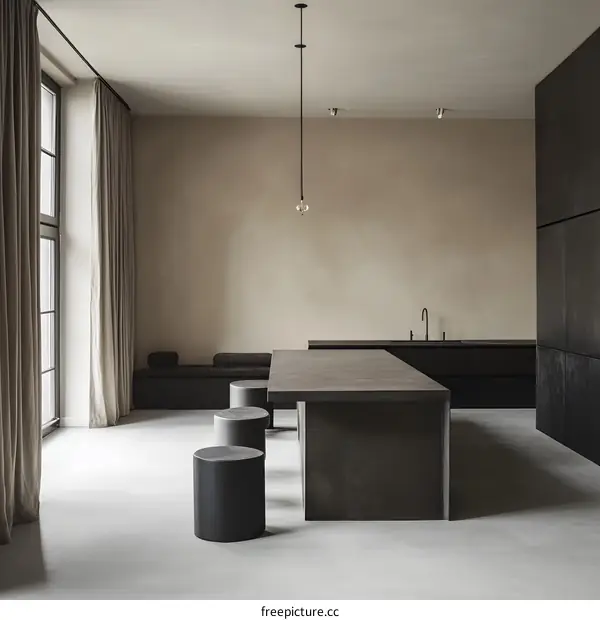 Minimalist Kitchen Interior Design with Concrete Countertop and Pendant Light